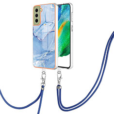 Silicone Candy Rubber Gel Fashionable Pattern Soft Case Cover with Lanyard Strap YB7 for Samsung Galaxy S21 FE 5G Blue