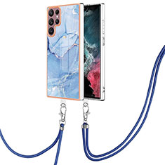 Silicone Candy Rubber Gel Fashionable Pattern Soft Case Cover with Lanyard Strap YB7 for Samsung Galaxy S23 Ultra 5G Blue