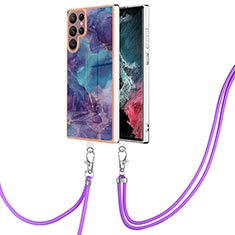 Silicone Candy Rubber Gel Fashionable Pattern Soft Case Cover with Lanyard Strap YB7 for Samsung Galaxy S23 Ultra 5G Purple