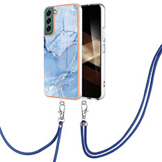 Silicone Candy Rubber Gel Fashionable Pattern Soft Case Cover with Lanyard Strap YB7 for Samsung Galaxy S24 5G Blue