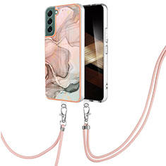 Silicone Candy Rubber Gel Fashionable Pattern Soft Case Cover with Lanyard Strap YB7 for Samsung Galaxy S24 5G Pink