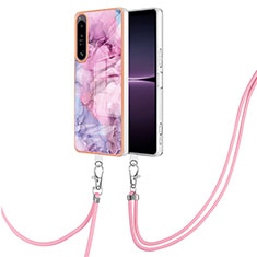 Silicone Candy Rubber Gel Fashionable Pattern Soft Case Cover with Lanyard Strap YB7 for Sony Xperia 1 IV Clove Purple