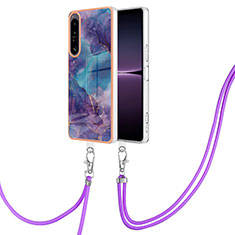 Silicone Candy Rubber Gel Fashionable Pattern Soft Case Cover with Lanyard Strap YB7 for Sony Xperia 1 IV Purple