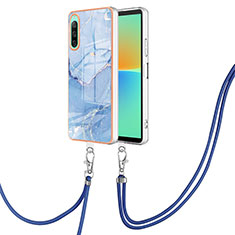 Silicone Candy Rubber Gel Fashionable Pattern Soft Case Cover with Lanyard Strap YB7 for Sony Xperia 10 IV Blue