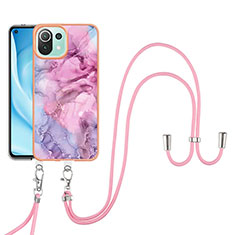 Silicone Candy Rubber Gel Fashionable Pattern Soft Case Cover with Lanyard Strap YB7 for Xiaomi Mi 11 Lite 5G Clove Purple