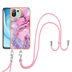 Silicone Candy Rubber Gel Fashionable Pattern Soft Case Cover with Lanyard Strap YB7 for Xiaomi Mi 11 Lite 5G NE Clove Purple