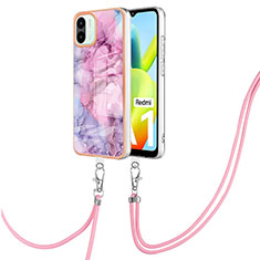 Silicone Candy Rubber Gel Fashionable Pattern Soft Case Cover with Lanyard Strap YB7 for Xiaomi Poco C50 Clove Purple