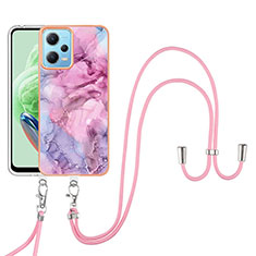 Silicone Candy Rubber Gel Fashionable Pattern Soft Case Cover with Lanyard Strap YB7 for Xiaomi Poco X5 5G Clove Purple