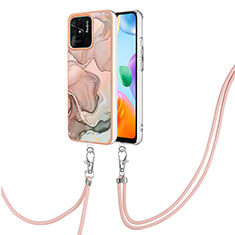 Silicone Candy Rubber Gel Fashionable Pattern Soft Case Cover with Lanyard Strap YB7 for Xiaomi Redmi 10 India Pink