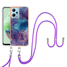 Silicone Candy Rubber Gel Fashionable Pattern Soft Case Cover with Lanyard Strap YB7 for Xiaomi Redmi Note 12 5G Purple