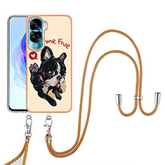 Silicone Candy Rubber Gel Fashionable Pattern Soft Case Cover with Lanyard Strap YB8 for Huawei Honor 90 Lite 5G Khaki