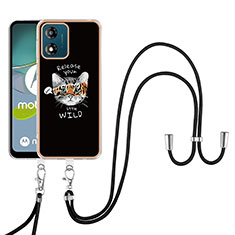 Silicone Candy Rubber Gel Fashionable Pattern Soft Case Cover with Lanyard Strap YB8 for Motorola Moto E13 Black