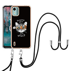 Silicone Candy Rubber Gel Fashionable Pattern Soft Case Cover with Lanyard Strap YB8 for Nokia C12 Plus Black