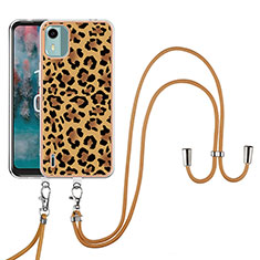 Silicone Candy Rubber Gel Fashionable Pattern Soft Case Cover with Lanyard Strap YB8 for Nokia C12 Plus Brown