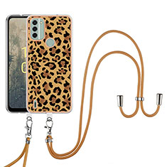 Silicone Candy Rubber Gel Fashionable Pattern Soft Case Cover with Lanyard Strap YB8 for Nokia C31 Brown