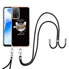 Silicone Candy Rubber Gel Fashionable Pattern Soft Case Cover with Lanyard Strap YB8 for Oppo A55 5G Black