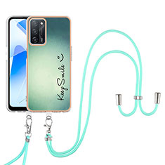 Silicone Candy Rubber Gel Fashionable Pattern Soft Case Cover with Lanyard Strap YB8 for Oppo A55 5G Green