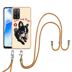 Silicone Candy Rubber Gel Fashionable Pattern Soft Case Cover with Lanyard Strap YB8 for Oppo A55 5G Khaki