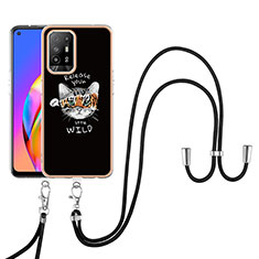 Silicone Candy Rubber Gel Fashionable Pattern Soft Case Cover with Lanyard Strap YB8 for Oppo A95 5G Black