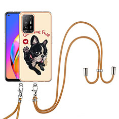 Silicone Candy Rubber Gel Fashionable Pattern Soft Case Cover with Lanyard Strap YB8 for Oppo A95 5G Khaki