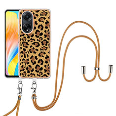 Silicone Candy Rubber Gel Fashionable Pattern Soft Case Cover with Lanyard Strap YB8 for Oppo A98 5G Brown