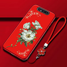 Silicone Candy Rubber Gel Flowers Soft Case Cover S06 for Samsung Galaxy A90 4G Red