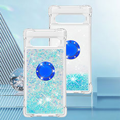 Silicone Candy Rubber TPU Bling-Bling Soft Case Cover with Finger Ring Stand S01 for Google Pixel 7a 5G Sky Blue