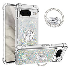 Silicone Candy Rubber TPU Bling-Bling Soft Case Cover with Finger Ring Stand S01 for Google Pixel 8 5G Silver