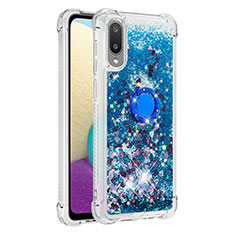 Silicone Candy Rubber TPU Bling-Bling Soft Case Cover with Finger Ring Stand S01 for Samsung Galaxy A02 Blue