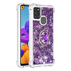 Silicone Candy Rubber TPU Bling-Bling Soft Case Cover with Finger Ring Stand S01 for Samsung Galaxy A21s Purple