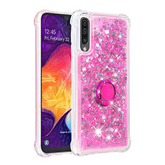 Silicone Candy Rubber TPU Bling-Bling Soft Case Cover with Finger Ring Stand S01 for Samsung Galaxy A30S Hot Pink