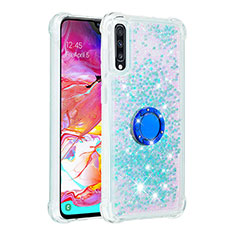 Silicone Candy Rubber TPU Bling-Bling Soft Case Cover with Finger Ring Stand S01 for Samsung Galaxy A70 Sky Blue