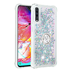 Silicone Candy Rubber TPU Bling-Bling Soft Case Cover with Finger Ring Stand S01 for Samsung Galaxy A70S Silver