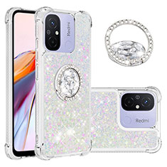 Silicone Candy Rubber TPU Bling-Bling Soft Case Cover with Finger Ring Stand S01 for Xiaomi Poco C55 Silver