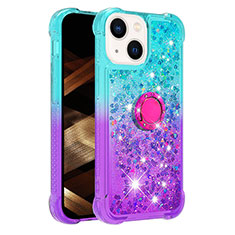 Silicone Candy Rubber TPU Bling-Bling Soft Case Cover with Finger Ring Stand S02 for Apple iPhone 15 Plus Sky Blue