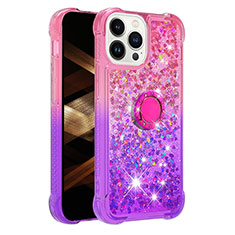 Silicone Candy Rubber TPU Bling-Bling Soft Case Cover with Finger Ring Stand S02 for Apple iPhone 15 Pro Hot Pink