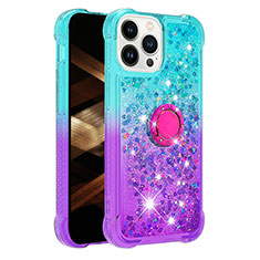 Silicone Candy Rubber TPU Bling-Bling Soft Case Cover with Finger Ring Stand S02 for Apple iPhone 15 Pro Max Sky Blue