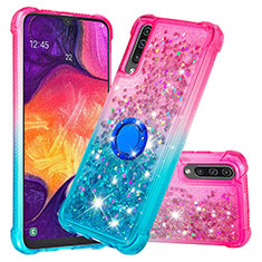 Silicone Candy Rubber TPU Bling-Bling Soft Case Cover with Finger Ring Stand S02 for Samsung Galaxy A50 Pink