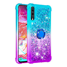 Silicone Candy Rubber TPU Bling-Bling Soft Case Cover with Finger Ring Stand S02 for Samsung Galaxy A70S Sky Blue