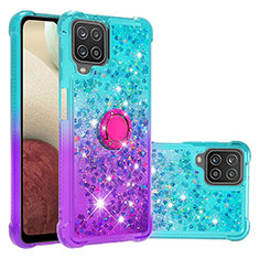 Silicone Candy Rubber TPU Bling-Bling Soft Case Cover with Finger Ring Stand S02 for Samsung Galaxy F12 Sky Blue