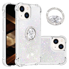 Silicone Candy Rubber TPU Bling-Bling Soft Case Cover with Finger Ring Stand S03 for Apple iPhone 15 Plus Silver