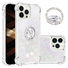 Silicone Candy Rubber TPU Bling-Bling Soft Case Cover with Finger Ring Stand S03 for Apple iPhone 15 Pro Silver