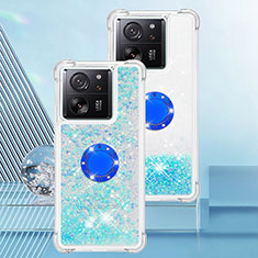 Silicone Candy Rubber TPU Bling-Bling Soft Case Cover with Finger Ring Stand YB1 for Xiaomi Mi 13T 5G Sky Blue