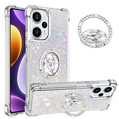 Silicone Candy Rubber TPU Bling-Bling Soft Case Cover with Finger Ring Stand YB1 for Xiaomi Poco F5 5G Silver