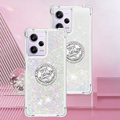 Silicone Candy Rubber TPU Bling-Bling Soft Case Cover with Finger Ring Stand YB1 for Xiaomi Redmi Note 12 Pro 5G Silver