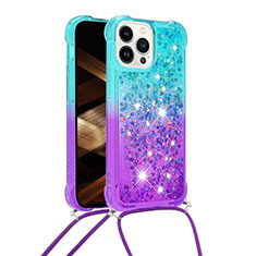 Silicone Candy Rubber TPU Bling-Bling Soft Case Cover with Lanyard Strap S01 for Apple iPhone 16 Pro Max Sky Blue