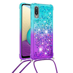 Silicone Candy Rubber TPU Bling-Bling Soft Case Cover with Lanyard Strap S01 for Samsung Galaxy A02 Sky Blue