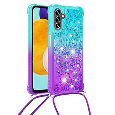 Silicone Candy Rubber TPU Bling-Bling Soft Case Cover with Lanyard Strap S01 for Samsung Galaxy A04s Sky Blue