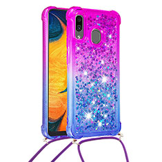 Silicone Candy Rubber TPU Bling-Bling Soft Case Cover with Lanyard Strap S01 for Samsung Galaxy A20 Purple