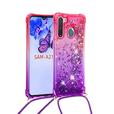 Silicone Candy Rubber TPU Bling-Bling Soft Case Cover with Lanyard Strap S01 for Samsung Galaxy A21 European Hot Pink